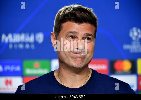 Dateifoto vom 31.-05-2019. Handout Foto von UEFA von Tottenham Hotspur Manager Mauricio Pochettino während einer Pressekonferenz im Estadio Metropolitano, Madrid. Mauricio Pochettino wurde zum Cheftrainer von Chelsea ernannt, mit einem Vertrag über zwei Jahre, den der Verein angekündigt hat. Ausgabedatum: Montag, 29. Mai 2023. Stockfoto