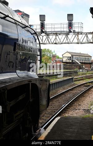 Klasse A4 Pacific No 60007 Sir Nigel Gresley steht am Ende des Bahnsteigs am Bahnhof Shrewsbury, nachdem er mit dem Welsh Marches Express angekommen ist. Stockfoto