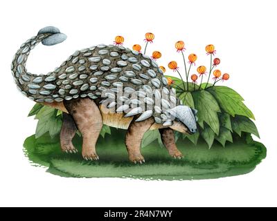 Ankylosaurus Dinosaurier auf grünem Gras mit fantasievollen Büschen mit Blumen, Landschaftsbild in Aquarellfarbe auf Weiß Stockfoto