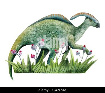 Parasaurolophus Dinosaurier auf Gras mit Fantasy Blumen Landschaftsbild in Aquarellfarben Stockfoto