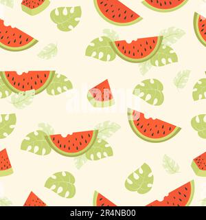 Nahtloses Wassermelonenmuster. Verstreute Wassermelonen mit Blättern auf hellem Hintergrund. Vektordarstellung in flacher Form Stock Vektor