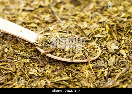 Verstreute getrocknete sencha-Teeblätter in Bambusholz-Teelöffel aus nächster Nähe Stockfoto