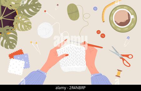Häkelstrickverfahren. Weibliche Hände mit Haken und Faden. Garnknäuel. Draufsicht auf den Arbeitsplatz. Maßgeschneiderte Shop-Elemente. Handgezeichneter Vektor Stock Vektor