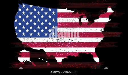 Karte der USA mit amerikanischer Flagge. Karte und Flagge der USA auf schwarzem Grunge-Hintergrund. Stockfoto