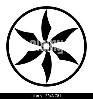 Ein Stern im Kreis mit sechs Spitzen, ein Symbol ähnlich einem Rad-Shuriken, einer japanischen versteckten Waffe, auch bekannt als Wurf- oder Ninja-Stern. Stockfoto