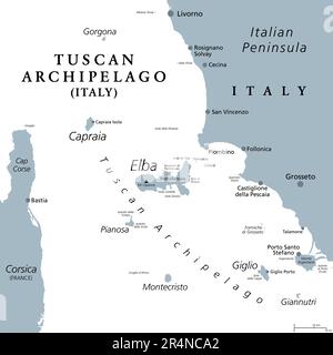 Toskana-Archipel, Italien, graue politische Karte. Inselkette zwischen dem ligurischen und dem Tyrrhenischen Meer, zwischen Korsika und der italienischen Halbinsel. Stockfoto