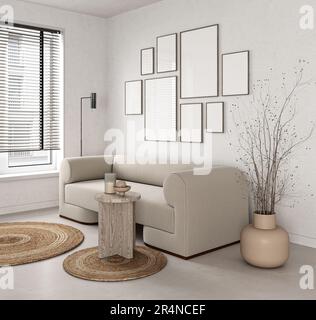 Verschiedene Bilderrahmen an der Wand im modernen Wohnzimmer. Moderne Einrichtung im skandinavischen Stil. Kostenloser Kopierplatz für Bilder. Gruppe von Stockfoto