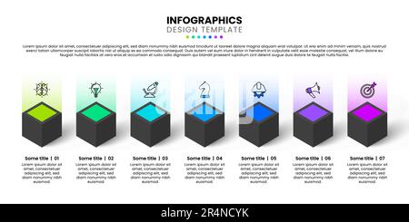 Infografik-Vorlage mit 7 Optionen oder Schritten. Würfel in Reihe. Kann für Workflow-Layout, Diagramm, Banner, webdesign verwendet werden. Vektordarstellung Stock Vektor