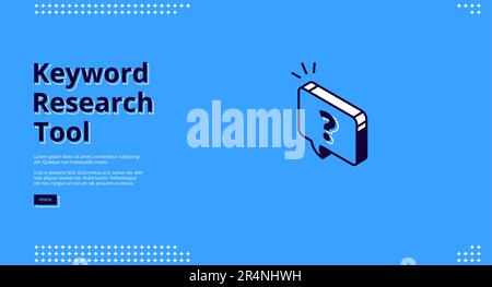 Isometrische Landing-Page für Suchbegriffe. SEO-Optimierungskonzept mit Fragezeichen in der Sprechblase auf blauem Hintergrund. Analysedienst für Schlüsselwörter 3D Vektordarstellung, Strichzeichnungen Webbanner Stock Vektor