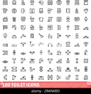 100 Toilettensymbole. Umrissdarstellung von 100 Toilettensymbolen, Vektorsatz isoliert auf weißem Hintergrund Stock Vektor