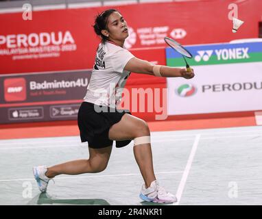 Kuala Lumpur, Malaysia. 28. Mai 2023. Gregoria Mariska Tunjung aus Indonesien spielt während des Finalspiels der Frauen-Singles der Perodua Malaysia Masters 2023 in der Axiata Arena gegen Akane Yamaguchi aus Japan. Akane Yamaguchi gewann mit Punkten; 17/7 : 21/21. Kredit: SOPA Images Limited/Alamy Live News Stockfoto