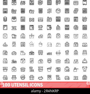 100 Utensilien-Symbole eingestellt. Umrissdarstellung von 100 Utensil-Symbolen Vektorsatz isoliert auf weißem Hintergrund Stock Vektor