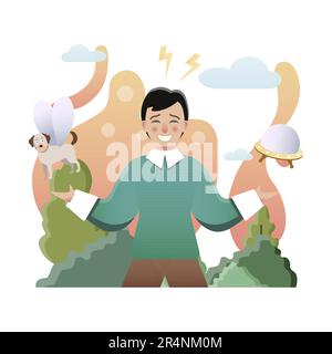Schizophrenie-Illustration. Mann, Hund, Flügel, UFO. Bearbeitbares Vektorgrafikdesign. Stock Vektor