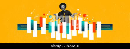 Ein talentierter afrikaner, der im Mikrofon singt, Klavier spielt, vor einem lebhaften gelben Hintergrund. Collage für zeitgenössische Kunst. Stockfoto