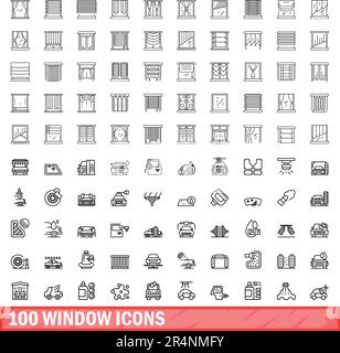 100 Fenstersymbole eingestellt. Umrissdarstellung der 100-Fenstersymbole Vektorsatz isoliert auf weißem Hintergrund Stock Vektor