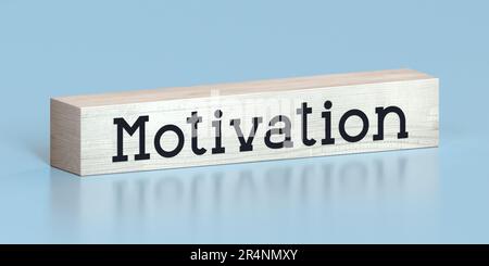 Motivation – Wort auf Holzblock – 3D-Abbildung Stockfoto