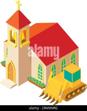 Isometrischer Vektor des Symbols „Gebäudekonzept“. Großer Bulldozer in der Nähe der Ikone des Kirchengebäudes. Baustelle, Erdarbeiten Stock Vektor