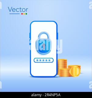 3D Telefon mit Passwortschloss, Stapel Münzen, isoliert im Hintergrund. Designkonzept für Sparen, Sicherheitsfinanzierung, gesichertes Geld, Dollarschutz. 3D-Vektordarstellung. Vektordarstellung Stock Vektor