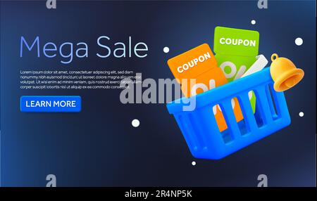 3D Plastik-Einkaufstasche mit Gutscheinen, Klingel, isoliert auf dem Hintergrund. Bannerdesign mit Text und Handlungsaufforderung für Mega Sale, Shopping, E-Commerce, Flash Sale. 3D-Vektordarstellung. Vektordarstellung Stock Vektor