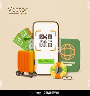 3D Telefon mit QR-Code, jetzt bezahlen, Koffer, Gepäck, Schwimmboje, Sonnenbrille, Reisepass, Flugtickets, isoliert im Hintergrund. Illustration für Reisen, Buchung, Reisen, Urlaub. 3D-Vektor. Vektordarstellung Stock Vektor