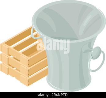 Isometrischer Vektor des Sandcontainer-Symbols. Leerer Holzkasten und Metallsandbehälter. Feuerwehrausrüstung Stock Vektor