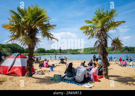 London, Großbritannien. 29. Mai 2023 UK Weather - Menschen neben Palmen genießen montags die Sonne an Feiertagen und die Temperaturen von 17C Grad im Ruislip Lido im Nordwesten Londons. Für die nächsten Tage werden bessere Wetterbedingungen und steigende Temperaturen vorhergesagt. Kredit: Stephen Chung / Alamy Live News Stockfoto