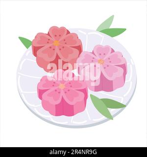 Wagashi Mochi. Traditionelles japanisches Wagashi-Gebäck, serviert auf einem Teller. Vektorgrafik isoliert auf Weiß Stock Vektor