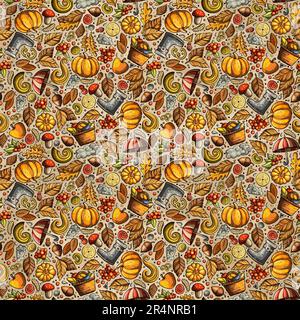 Cartoon niedliches, nahtloses Herbstmuster. Farbenfrohe Details mit vielen Objekten im Hintergrund. Endlose lustige Vektordarstellung. Helle Farben fallen nach hinten Stock Vektor