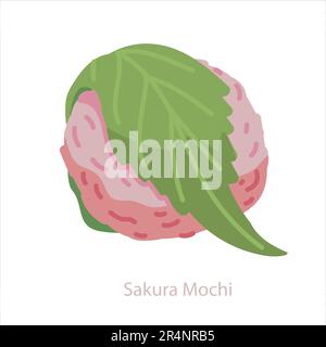 Sakura mochi. Klebriger Reis traditionelles japanisches süßes Gebäck, verpackt in grünes Sakurablatt. Vektorgrafik isoliert auf Weiß Stock Vektor