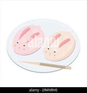 Bunny Mochi Mooncakes auf dem Teller mit Stäbchen. Traditionelles japanisches Essen für das Herbstfest. Vektordarstellung auf weiß isoliert Stock Vektor