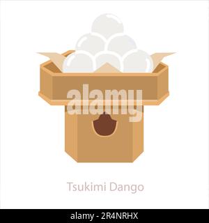 Tsukimi Dango Mochi. Traditionelle japanische süße kauende Reisklöße auf einem Holztablett. Spezialkost für den Harvest Moon, Japanisch Mitte Herbst F. Stock Vektor