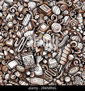 Cartoon Doodle Candies mit nahtlosem Muster. Kulisse mit Symbolen und Gegenständen von Süßwaren. Einfarbiger detaillierter Hintergrund für den Druck auf Stoff, Textil, Stock Vektor