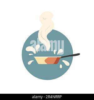 Heiße Bratpfanne mit Tropfen und Dampf, Cartoon-Symbol, Vektordarstellung auf weißem Hintergrund isoliert, klassisches Küchengeschirr, Küchenutensilien zum Kochen Stock Vektor