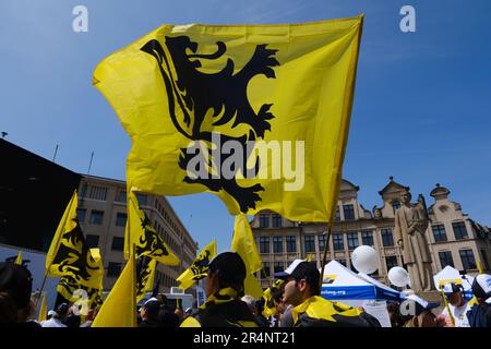 Brüssel, Belgien. 29. Mai 2023. Anhänger der flämischen rechtsextremen Partei Vlaams Belang winken bei einem Protest in Brüssel am 29. Mai 2023 die Flaggen von Flandre. Kredit: ALEXANDROS MICHAILIDIS/Alamy Live News Stockfoto