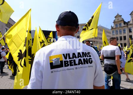 Brüssel, Belgien. 29. Mai 2023. Anhänger der flämischen rechtsextremen Partei Vlaams Belang winken bei einem Protest in Brüssel am 29. Mai 2023 die Flaggen von Flandre. Kredit: ALEXANDROS MICHAILIDIS/Alamy Live News Stockfoto