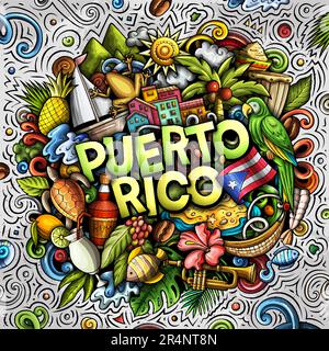 Puerto-Rico-Zeichentrickfilm. Lustiges Puerto-ricanisches Design. Kreativer Vektorhintergrund mit karibischen Landelementen und Objekten. Farbenfrohes c Stock Vektor