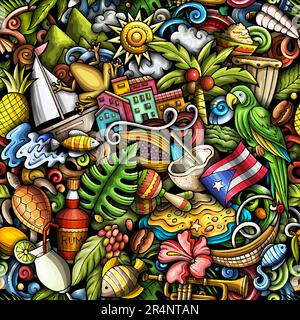 Vektorhintergrund mit Puerto-ricanischer karibischer Kultur, traditionellen Symbolen und Gegenständen. Leuchtende Farben Mittelamerikanisches komisches nahtloses Muster Stock Vektor