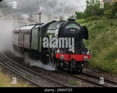 Die Flying Scotsman Dampflokomotive Nr. 60103, der berühmteste Zug der Welt, der Richtung Norden aus Berwick upon Tweed fährt. Northumberland, England Stockfoto