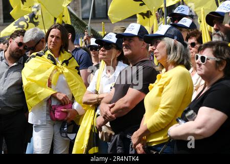 Brüssel, Belgien. 29. Mai 2023. Anhänger der flämischen rechtsextremen Partei Vlaams Belang winken bei einem Protest in Brüssel am 29. Mai 2023 die Flaggen von Flandre. Kredit: ALEXANDROS MICHAILIDIS/Alamy Live News Stockfoto