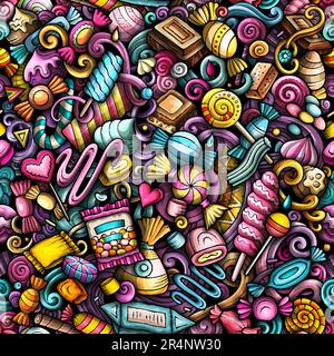 Cartoon Doodle Candies mit nahtlosem Muster. Kulisse mit Symbolen und Gegenständen von Süßwaren. Farbenfroher, detaillierter Hintergrund für Druck auf Stoff, Textil, ph Stock Vektor