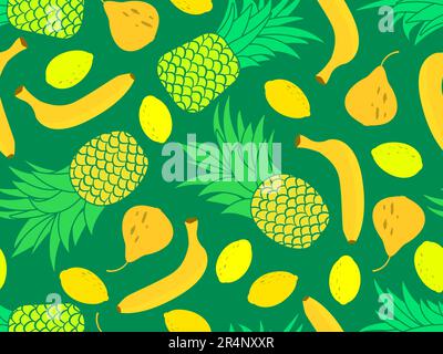 Nahtloses Muster mit Ananas, Bananen und Zitronen. Tropischer Sommerhintergrund im minimalistischen Stil mit Fruchtmischung. Design für Verpackungen, Ausdrucke auf Papier Stock Vektor