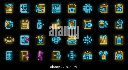 Symbole für die Smart-Home-Installation legen den Konturvektor fest. Internetsystem. Neonfarbe für Home Touch auf Schwarz Stock Vektor