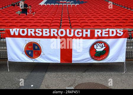 Wembley Stadium, London, England - 29. Mai 2023 Barnsley Flags - vor dem Spiel Barnsley gegen Sheffield Wednesday, Sky Bet League One Play off Final, 2022/23, Wembley Stadium, London, England - 29. Mai 2023 Guthaben: Arthur Haigh/WhiteRosePhotos/Alamy Live News Stockfoto