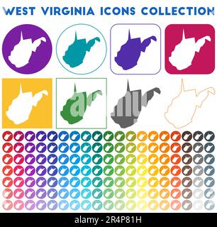 Die Ikonensammlung von West Virginia. Bunte, trendige Kartensymbole. Modernes West Virginia-Abzeichen mit US-Karte. Vektordarstellung. Stock Vektor