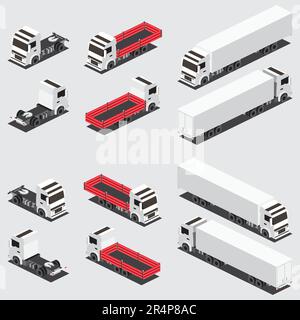 Isometrischer roter Flachbettkraftfahrzeug und Lkw-Anhänger mit Container. Symbolgruppe. Gewerblicher Transport. Logistik. Objekt für Infografiken. Stock Vektor