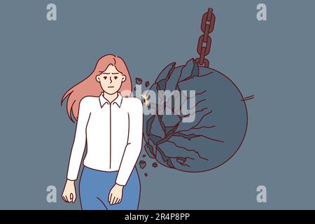 Eine hartnäckige Geschäftsfrau erreicht Erfolg, ohne auf den Rückschlag der eisernen Kugel zu achten. Eine mutige Geschäftsfrau möchte Anführerin werden und die Karriereleiter erklimmen, um alle Hindernisse zu überwinden Stock Vektor