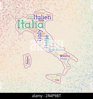 Form Italien mit Ländernamen Wortwolke in mehreren Sprachen. Italien grenzt an reizvolle Dreiecke. Moderne Vektorillustration. Stock Vektor