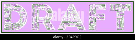 ENTWURFSTEXT gefüllt mit zugehörigen Schlüsselwörtern verschiedener Größen. Wörterwolke. Stilvolle Vektordarstellung. Stock Vektor