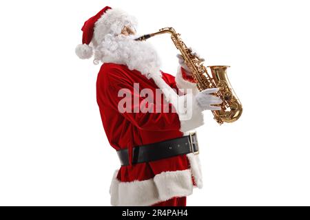 Profilbild des weihnachtsmanns, der ein Saxophon spielt, isoliert auf weißem Hintergrund Stockfoto