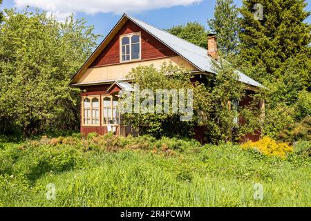 Hölzerne Hütte im grünen Innenhof im Dorf am sonnigen Maitag Stockfoto